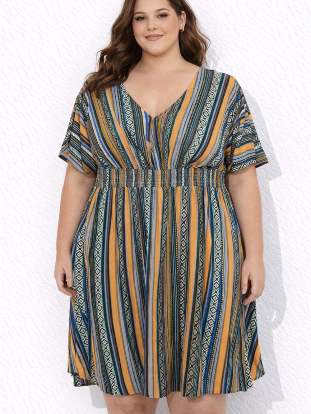 BloomChic Plus Size Striped V-Neck Midi Dress in Mustard, Teal & Navy